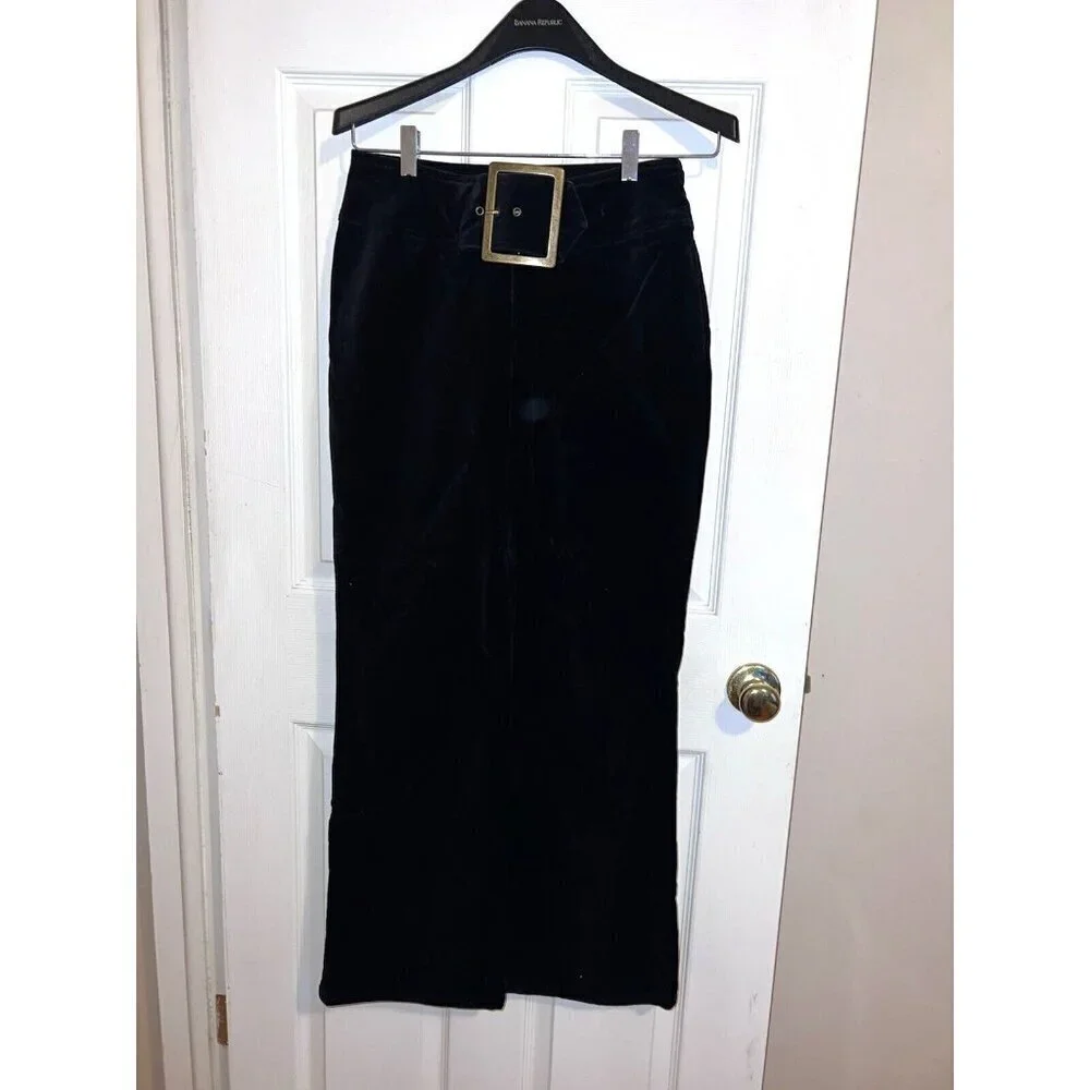 BOUTIQUE EUROPA Black Velvet Wide Waist Band Belt Straight Leg Pants Sz 8